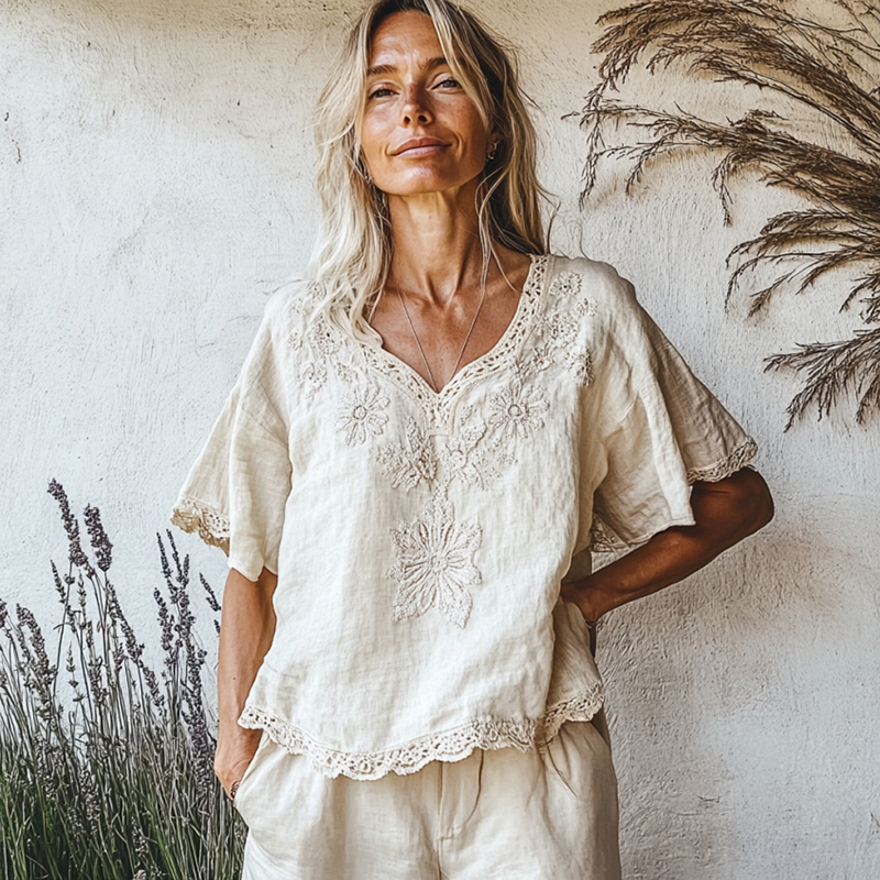 Vintage Floral Art V Neck Cotton Linen Comfy Shirt