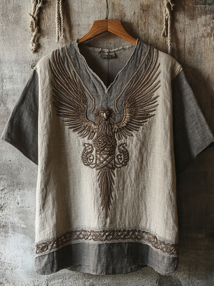 Men's Viking Tribal Eagle Celtic Art Linen V-neck T Shirt