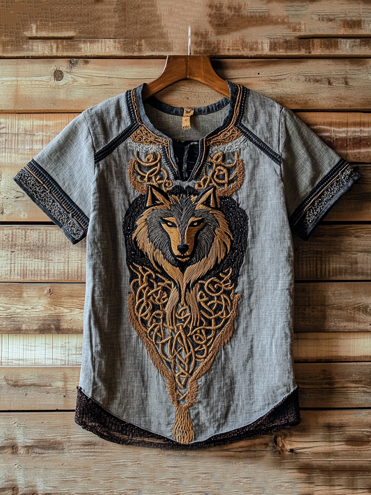 Mens Vintage Viking Wolf Celtic Linen Shirt