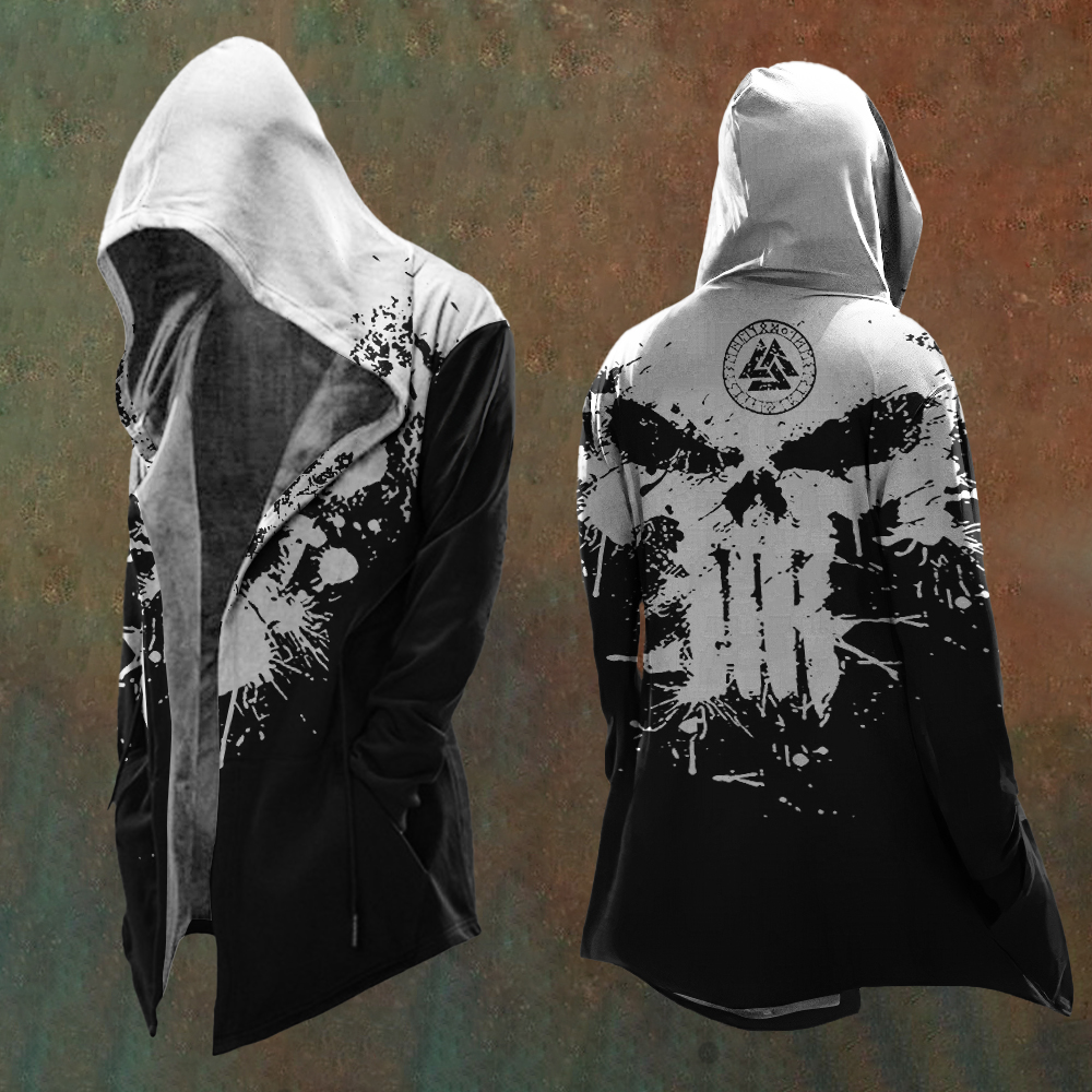 Men's Skull Vikings Graphic Print Vintage Hooded Jacket
