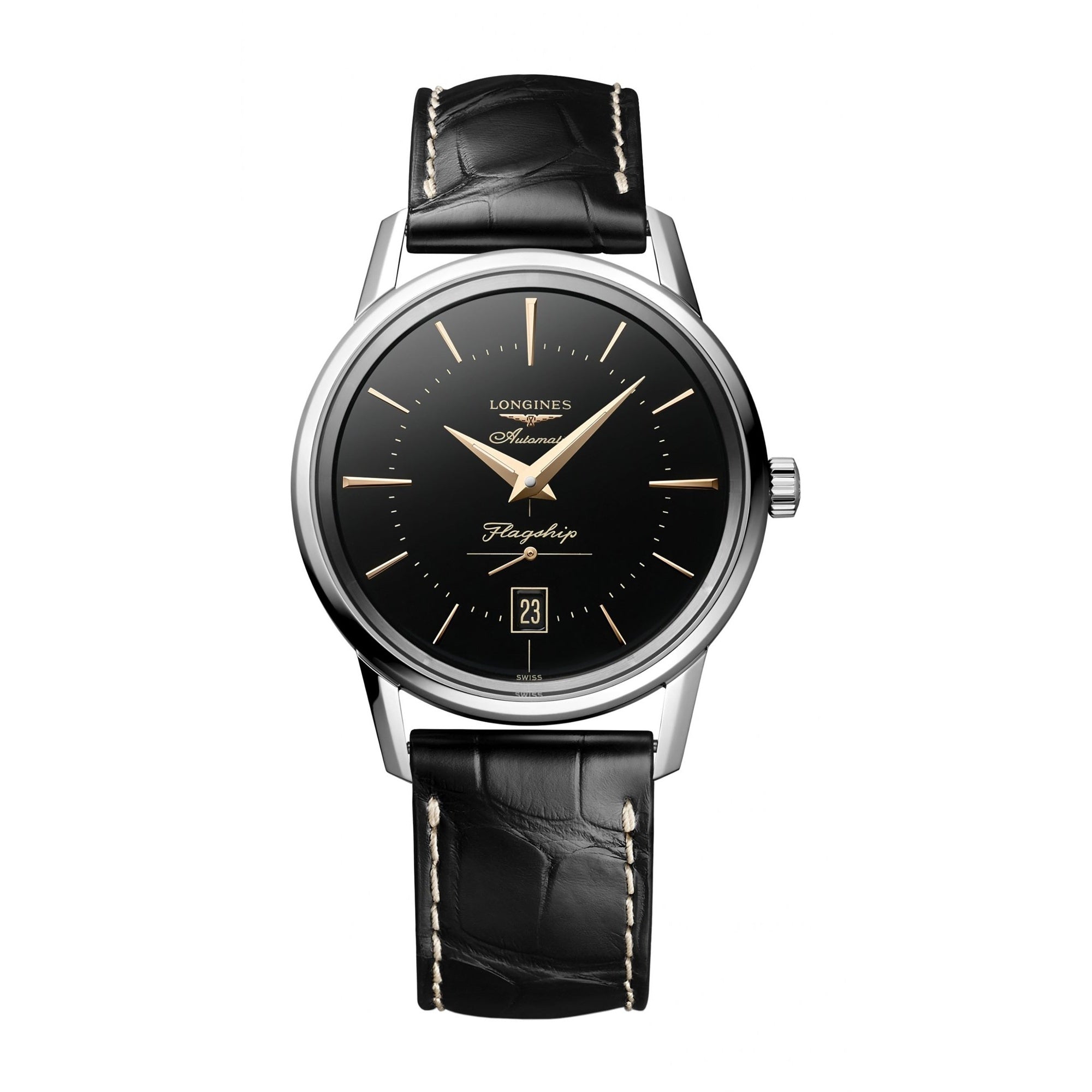 Longines Men's L4.795.4.58.0 Flagship Black Leather Watch