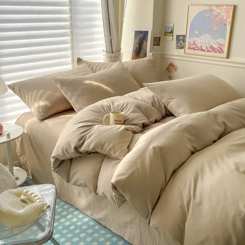 Cotton Bed Linen Solid Bedding Set with Sheet Duvet Cover Pillowcases Single Couple Bedsheet King Queen Double Twin Size