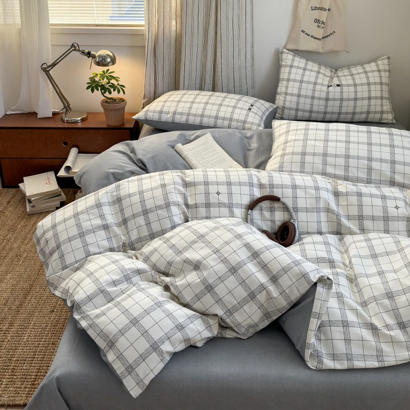 100% Cotton Plaid Style Duvet Cover Set with 2 Pillowcases - Soft & Breathable Bedding Set, Hypoallergenic, Easy Care
