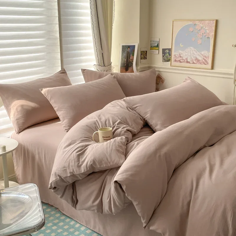 Cotton Bed Linen Solid Bedding Set with Sheet Duvet Cover Pillowcases Single Couple Bedsheet King Queen Double Twin Size