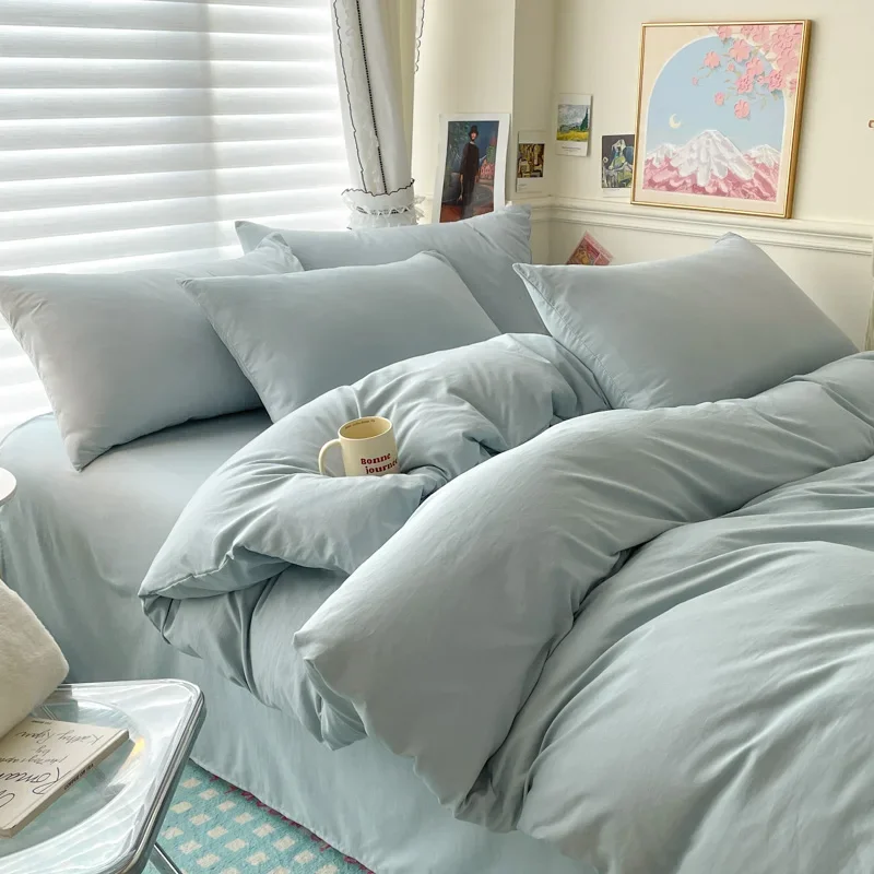 Cotton Bed Linen Solid Bedding Set with Sheet Duvet Cover Pillowcases Single Couple Bedsheet King Queen Double Twin Size