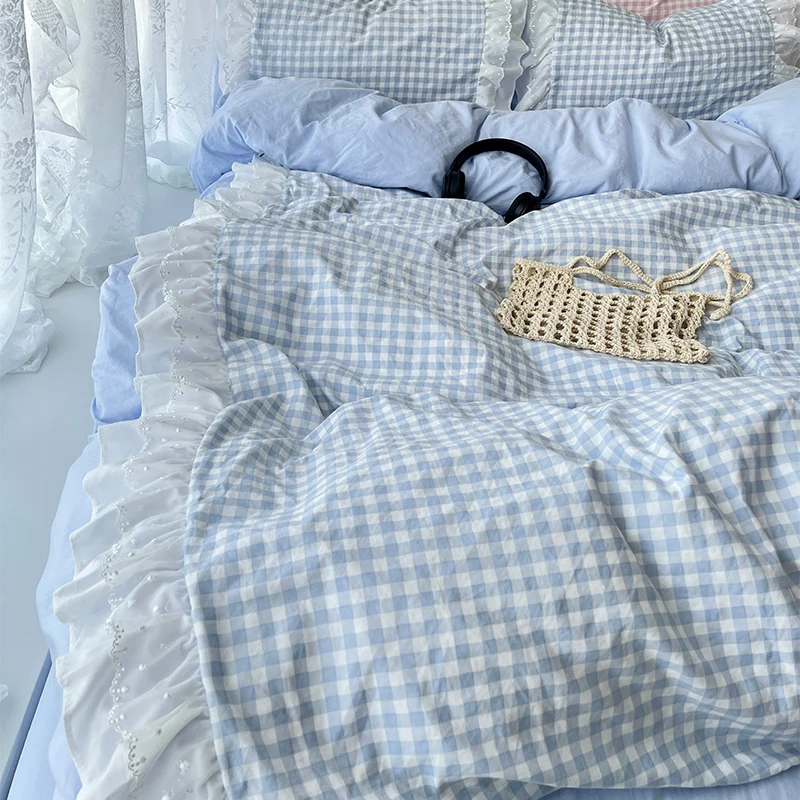Princess Style Lattice Double Layer Lace Bedding Set Soft Quilt Cover Plaid Style Duvet Covers Set Bed Sheet Pillowcases