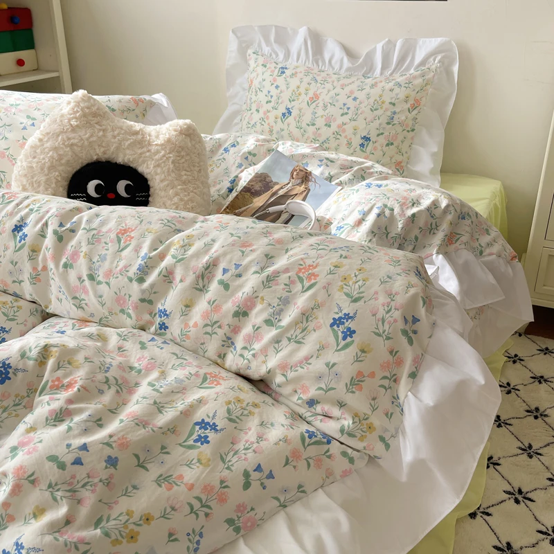 Korean Style Princess Floral Washed Cotton Bedding Set Vintage French Pastoral Flowers Lace ruffles Duvet Cover Set Pillowcase