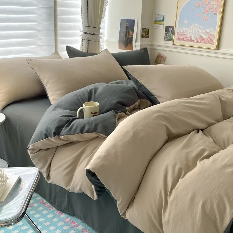 Cotton Bed Linen Solid Bedding Set with Sheet Duvet Cover Pillowcases Single Couple Bedsheet King Queen Double Twin Size