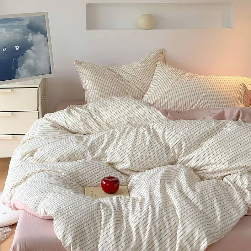 Ins Dopamine Striped Washed Cotton Four-piece Bedding Set Cream Style Bed Sheet Quilt Cover Three-piece Set