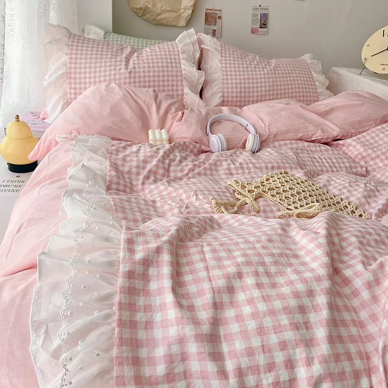 Princess Style Lattice Double Layer Lace Bedding Set Soft Quilt Cover Plaid Style Duvet Covers Set Bed Sheet Pillowcases