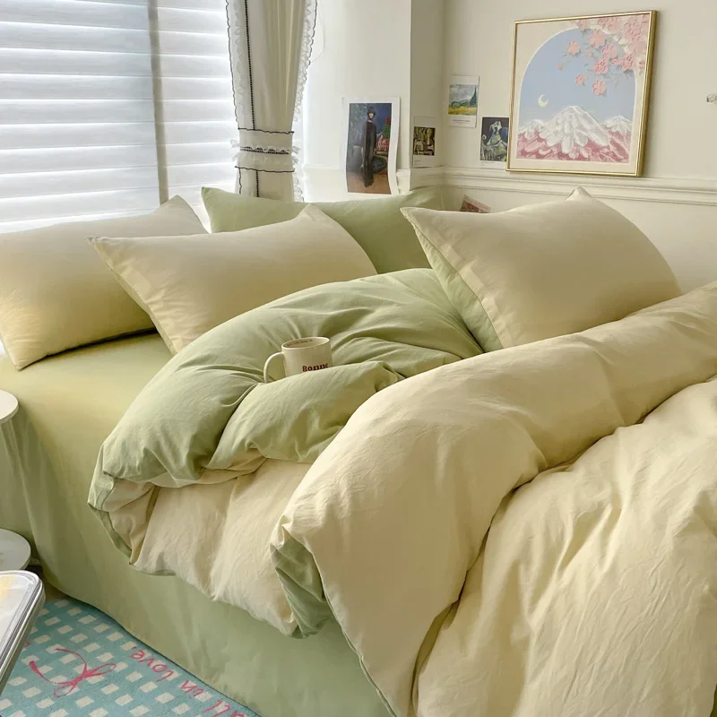 Cotton Bed Linen Solid Bedding Set with Sheet Duvet Cover Pillowcases Single Couple Bedsheet King Queen Double Twin Size