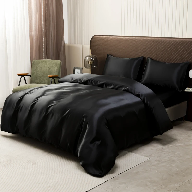 Black Ice Silk Bedding Set Satin Silky Duvet Cover Set With Pillowcase High-end Home Textiles Solid Color Bed Cover Sets