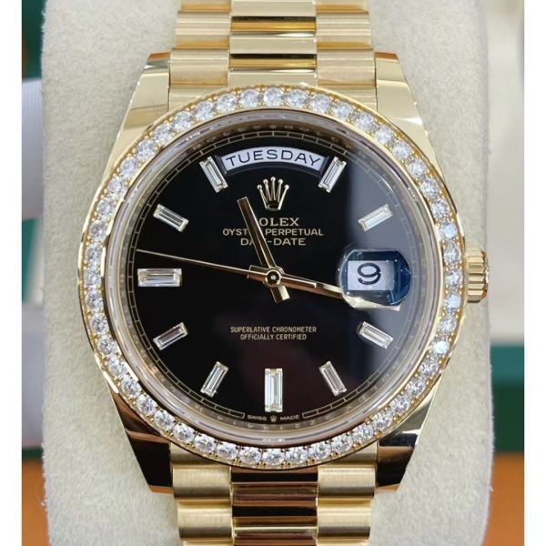 RLX Day-Date 40mm Black Diamond Dial and Diamond Bezel Yellow Gold President Bracelet  228348RBR-0001