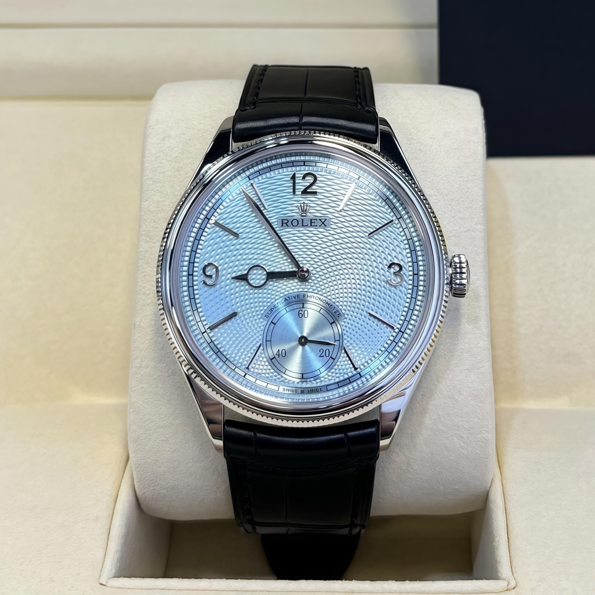Rolex 1908 Platinum Ice Blue Dial Black Alligator Strap - 52506-0003