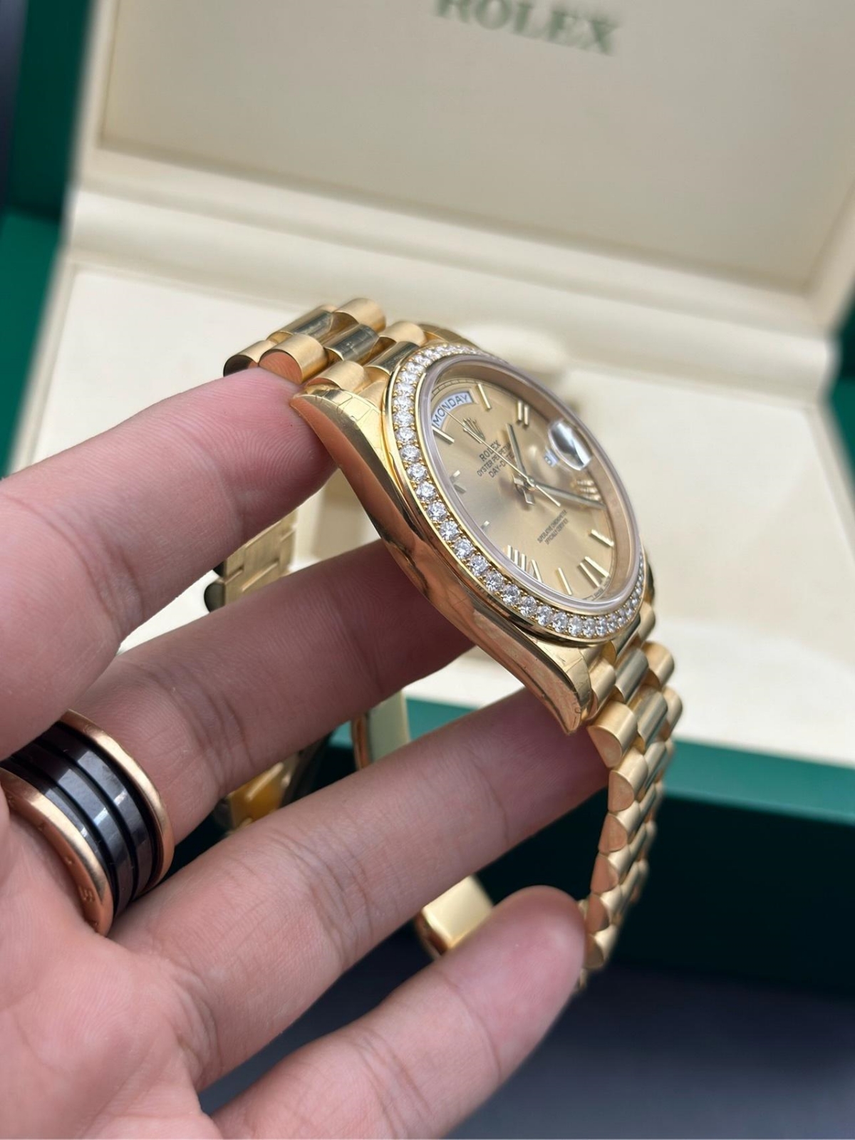 RLX Day-Date 40mm Champagne Dial and Diamond Bezel Yellow Gold President Bracelet  228348RBR-0003