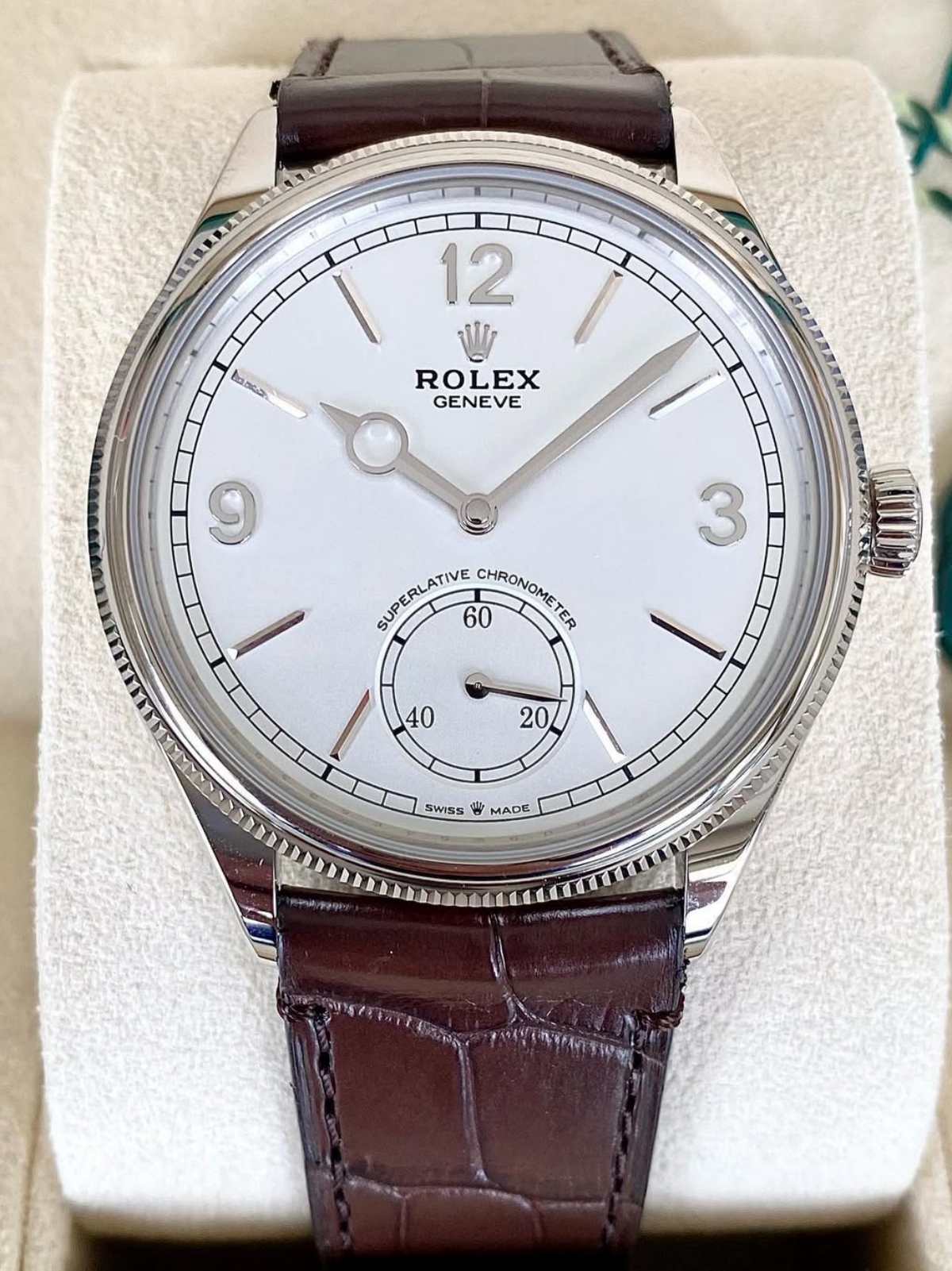 Rolex 1908 White Gold White Dial Brown Alligator Strap - 52509-0006