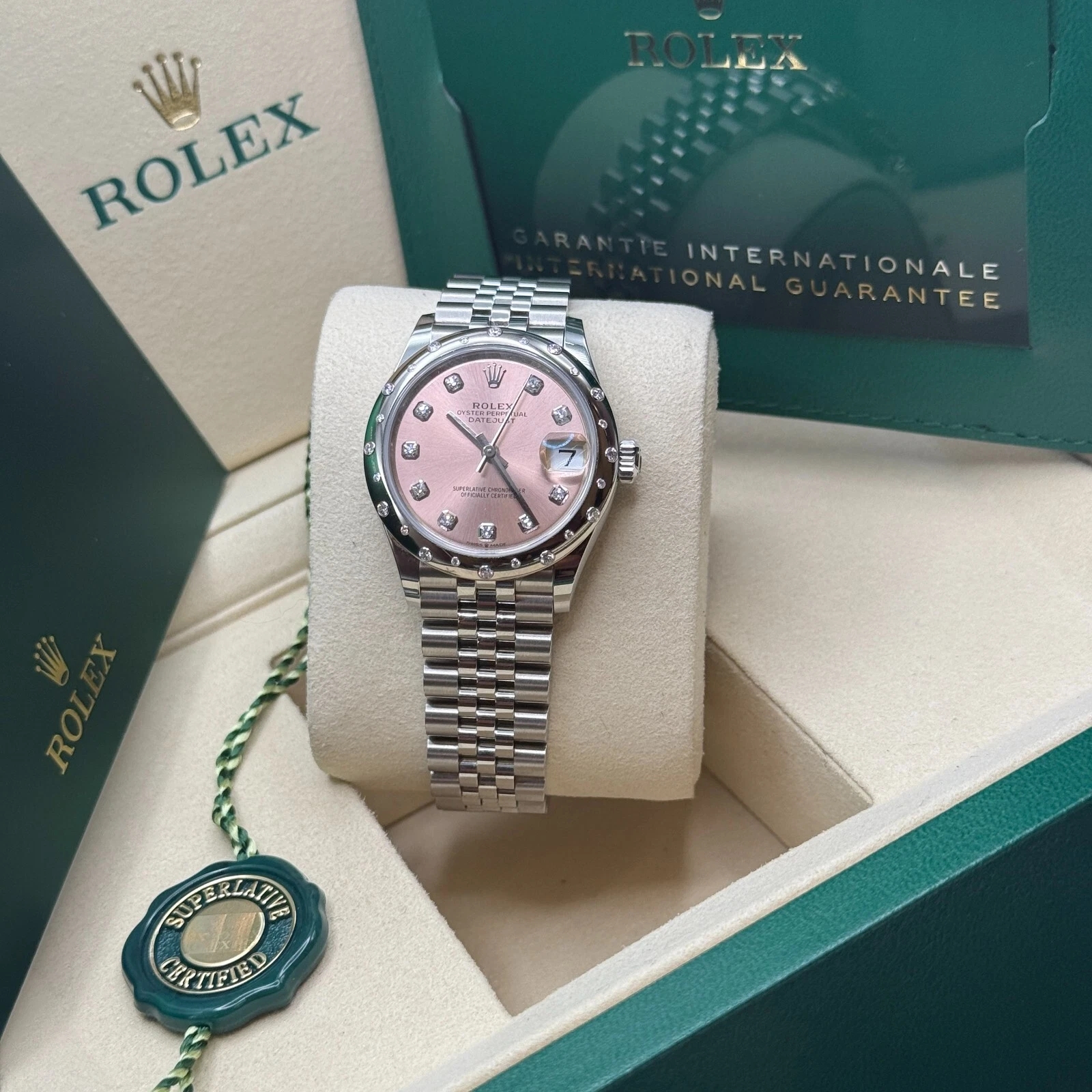 RLX Datejust m278344-0033/0034 Pink Dial 31mm Domed Diamond Oyster Watch