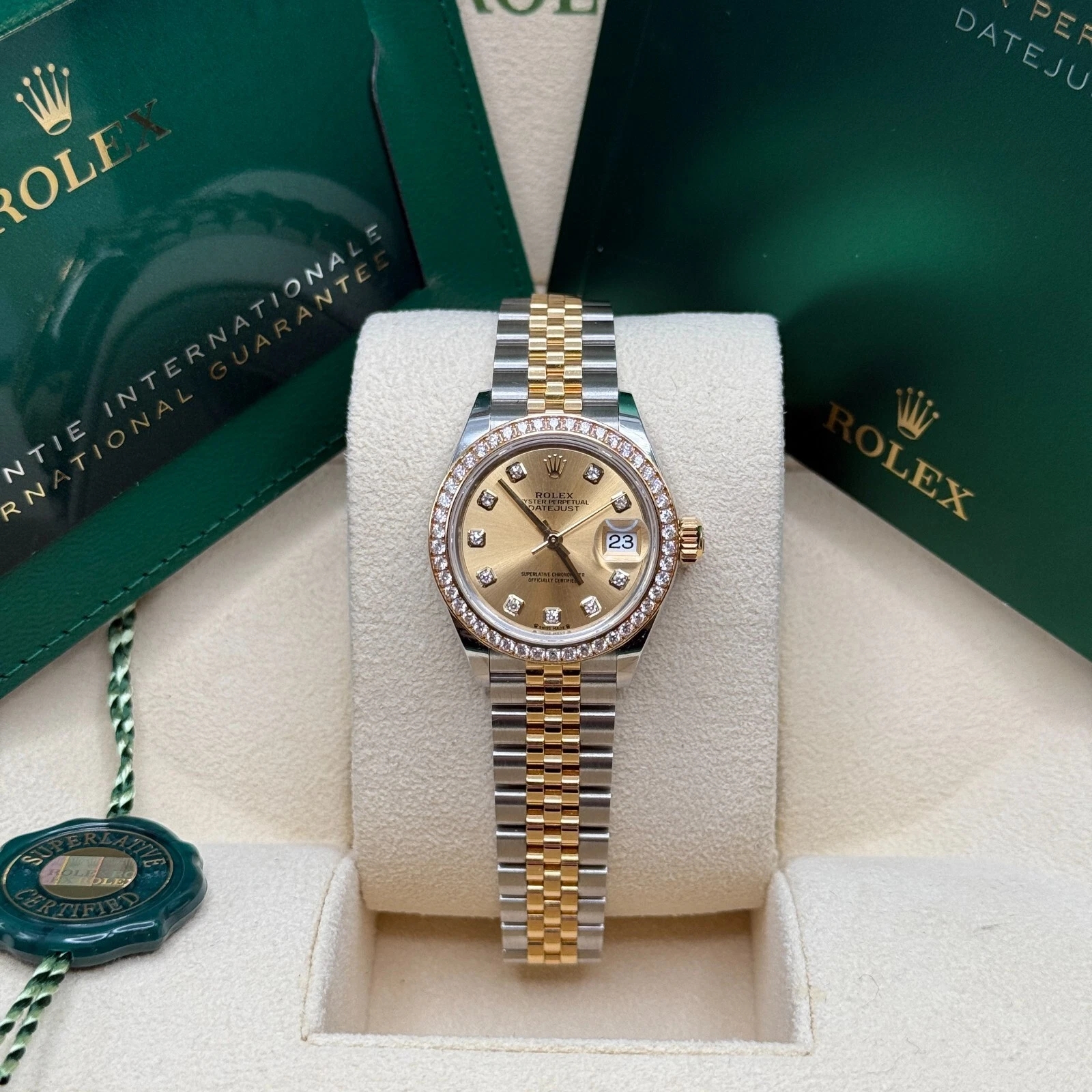 RLX Lady-Datejust 28mm 279383RBR Champagne Diamond Dial Yellow Rolesor Oyster Bracelet