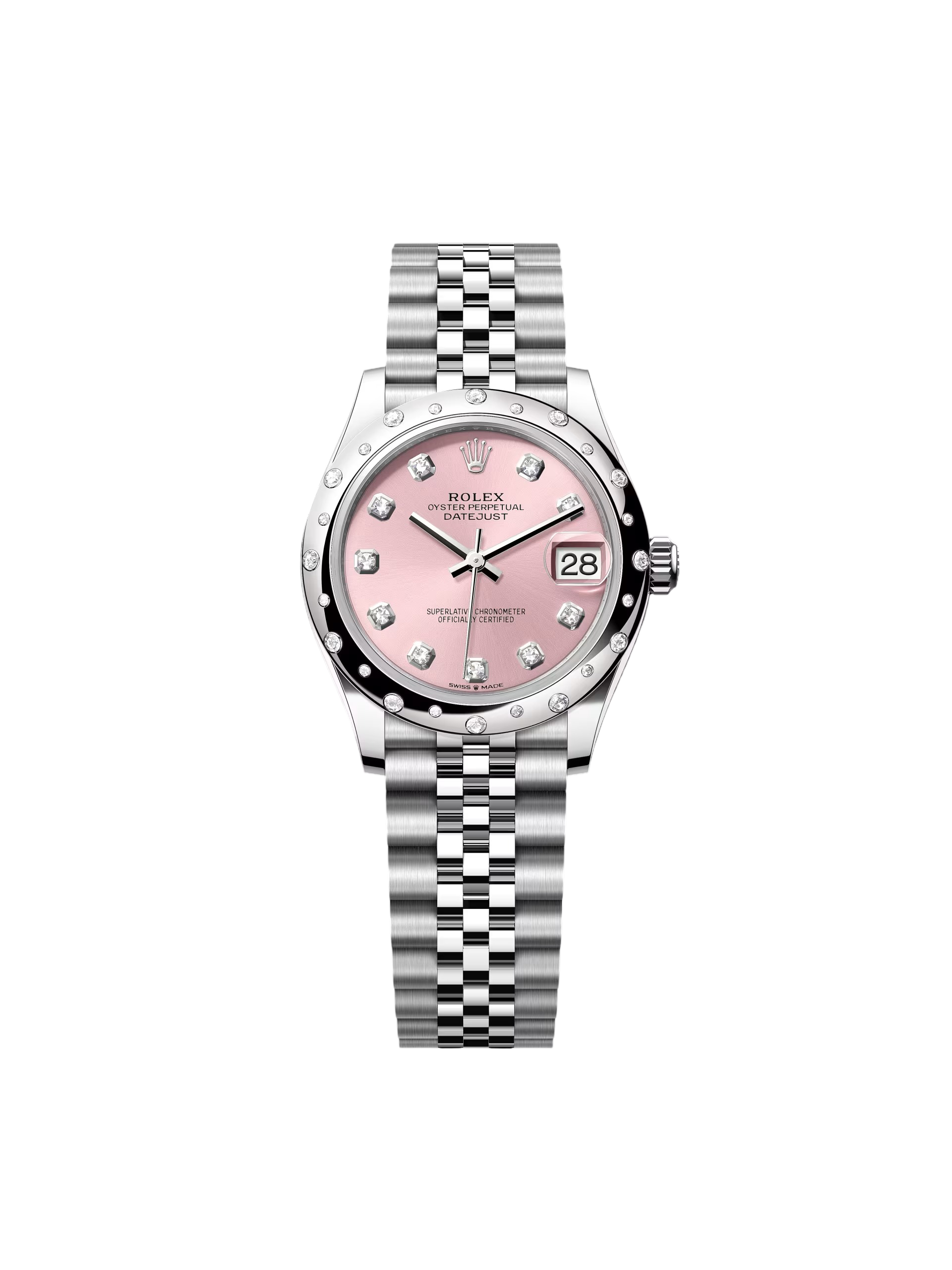 RLX Datejust m278344-0033/0034 Pink Dial 31mm Domed Diamond Oyster Watch