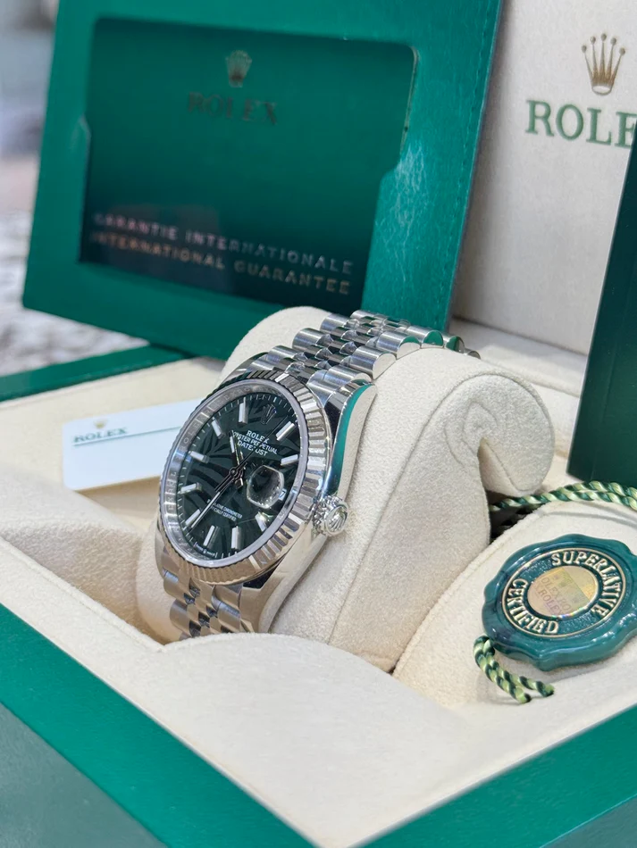 RLX  Datejust 36mm 126234 Olive Green Palm Motif Dial Jubilee Stainless Steel Watch