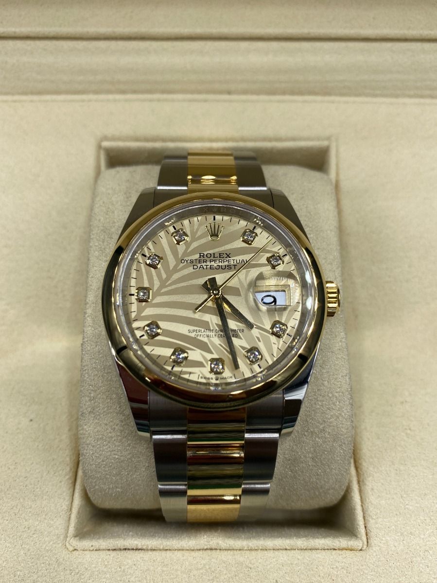 RLX  Datejust 36mm 126203 Golden Palm Dial Domed Bezel Oyster Bracelet