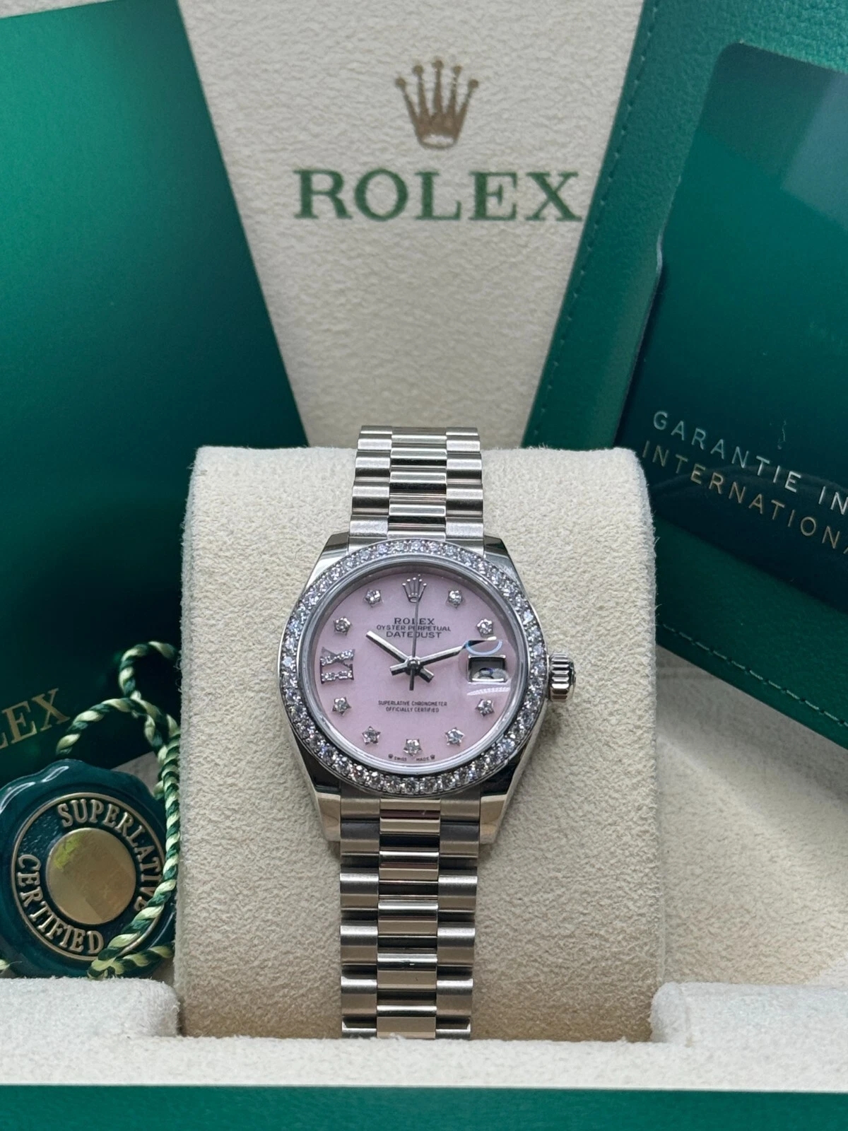 RLX Lady-Datejust 28mm 279139RBR Pink Opal Diamond Dial and Diamond Bezel White Gold Bracelet