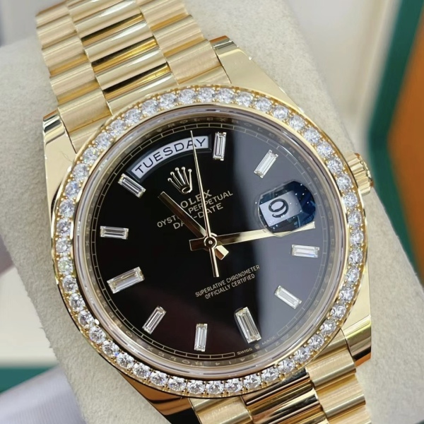 RLX Day-Date 40mm Black Diamond Dial and Diamond Bezel Yellow Gold President Bracelet  228348RBR-0001