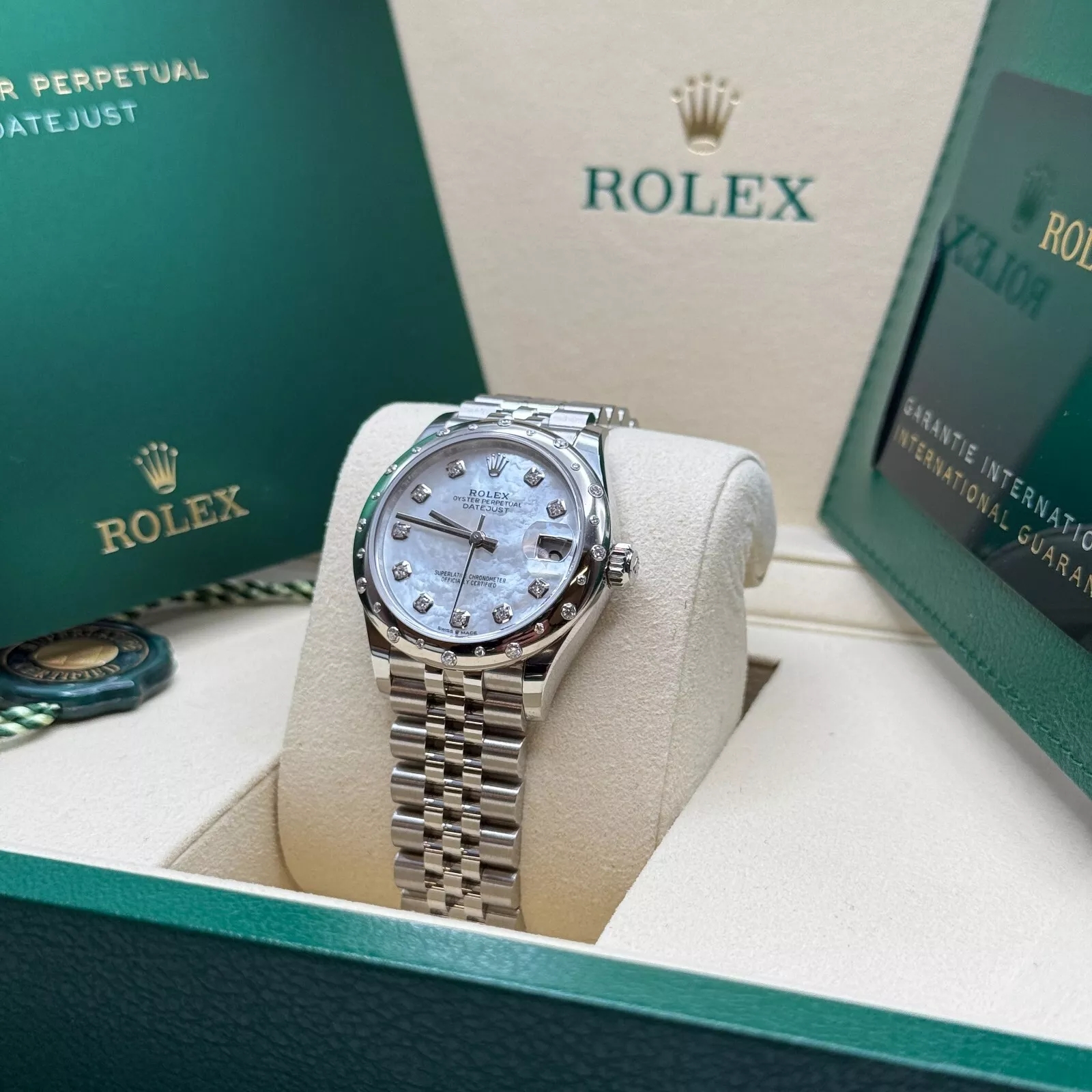RLX Datejust m278344-0005/0006 Mother-of-Pearl Dial 31mm Domed Diamond Oyster Watch