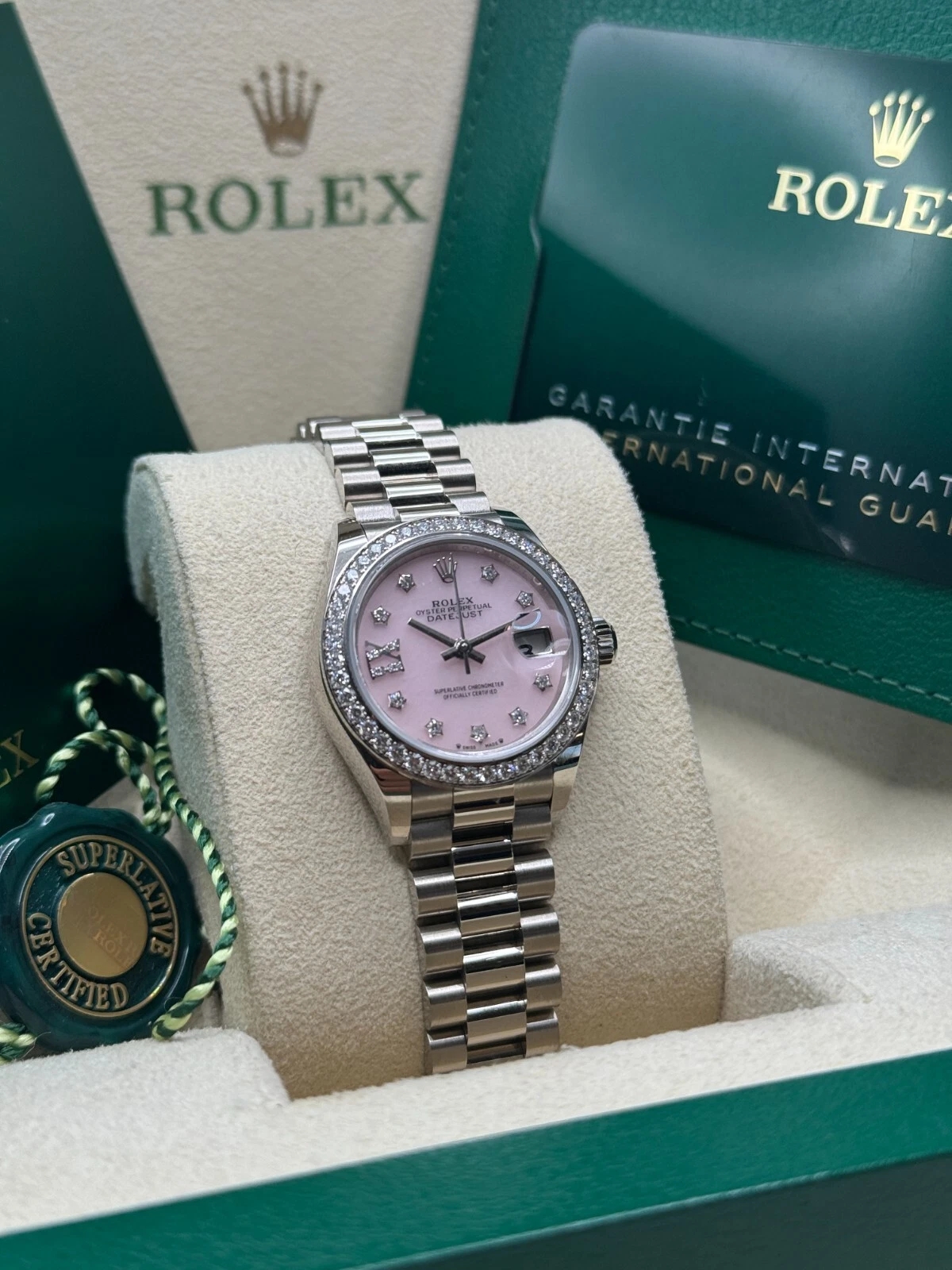 RLX Lady-Datejust 28mm 279139RBR Pink Opal Diamond Dial and Diamond Bezel White Gold Bracelet