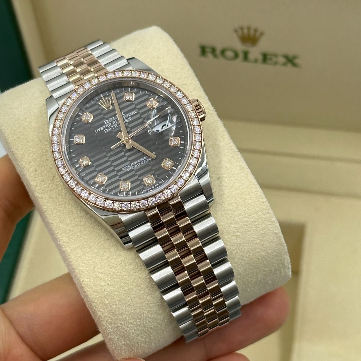 RLX  Datejust 36mm 126281 Slate Fluted Motif Diamond Dial Diamond Bezel and Oyster Bracelet