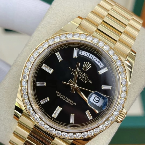 RLX Day-Date 40mm Black Diamond Dial and Diamond Bezel Yellow Gold President Bracelet  228348RBR-0001