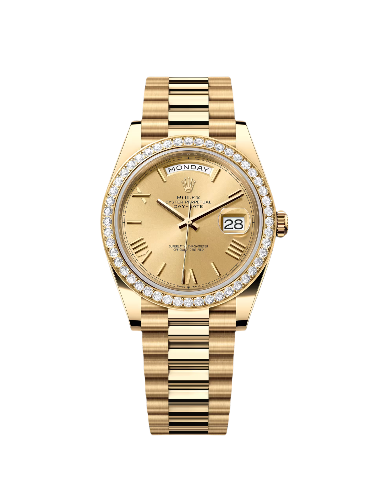 RLX Day-Date 40mm Champagne Dial and Diamond Bezel Yellow Gold President Bracelet  228348RBR-0003