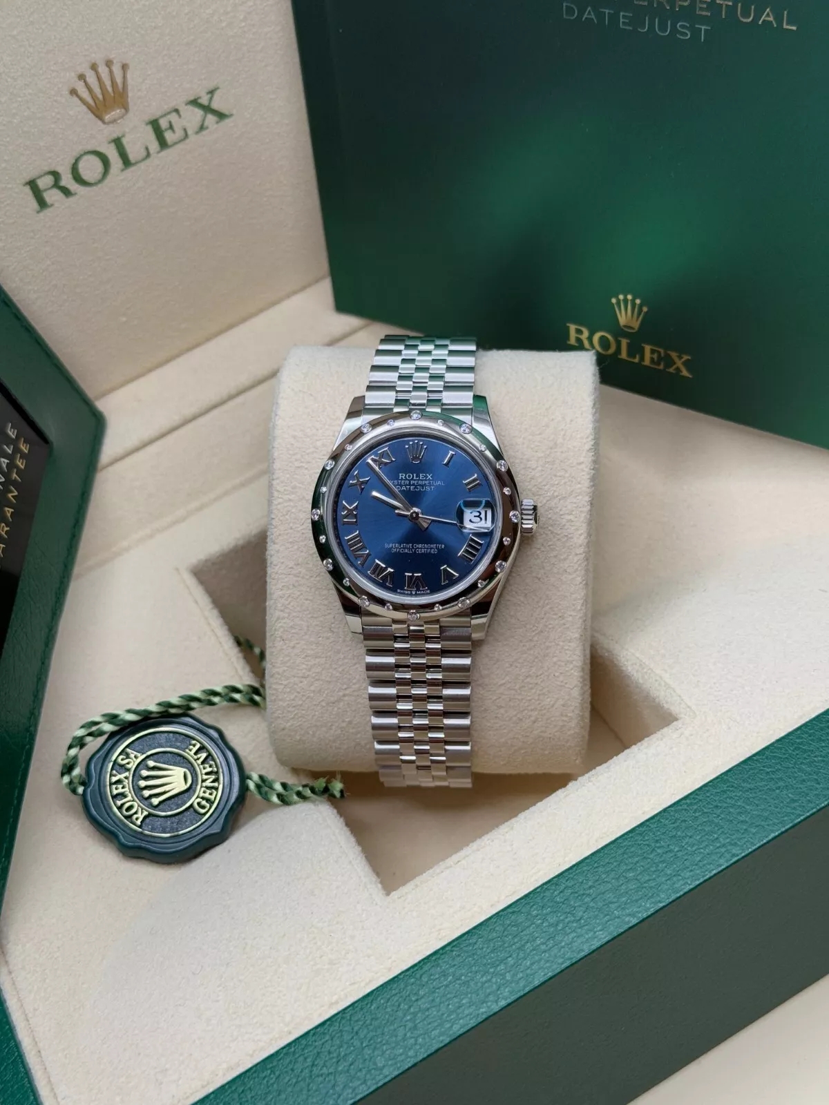 RLX Datejust m278344-0035/0036 Bright Blue Dial 31mm Domed Diamond Oyster Watch