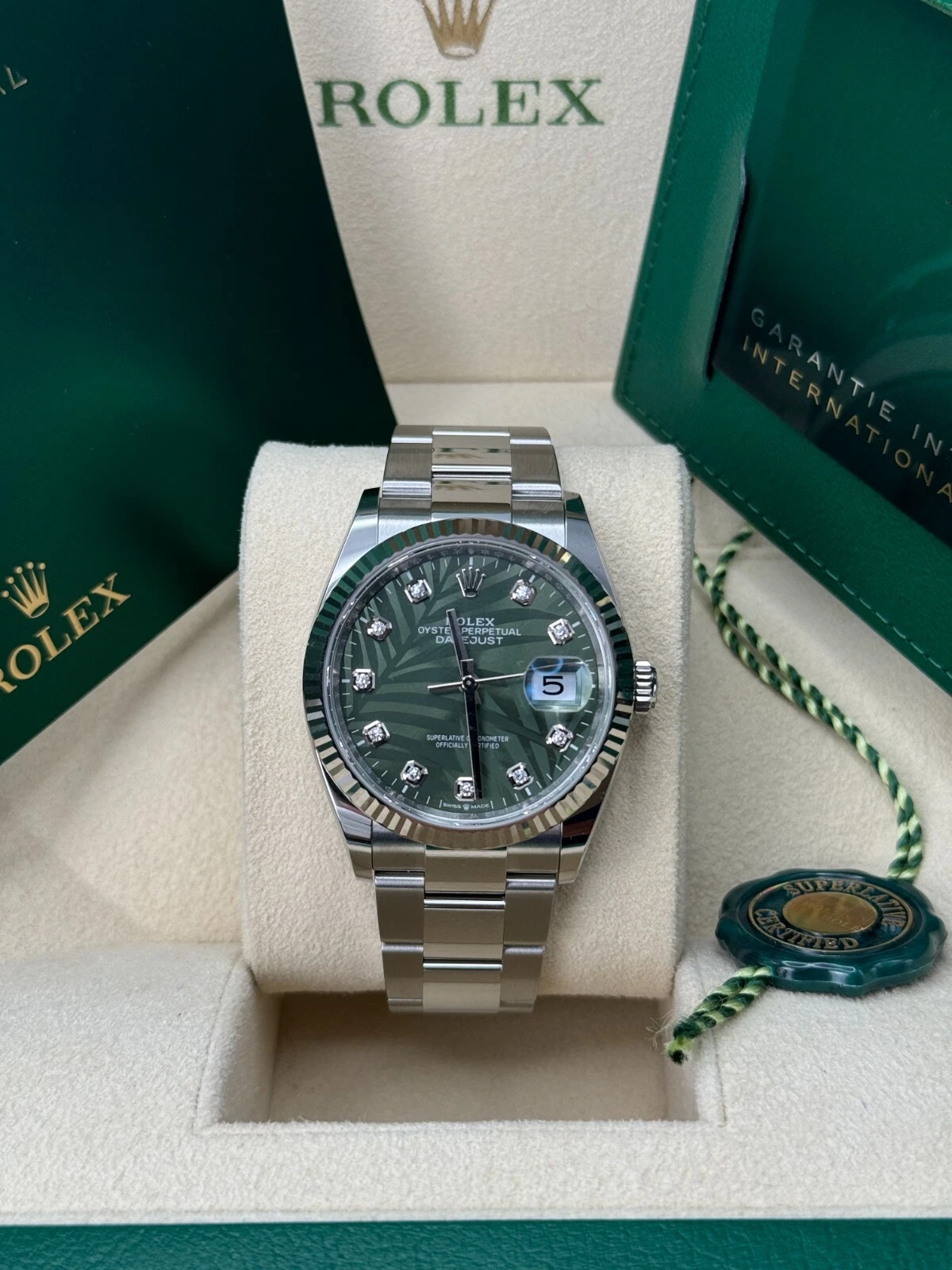 RLX  Datejust 36mm 126234 Olive Green Palm Motif Diamond Dial Jubilee Stainless Steel Watch