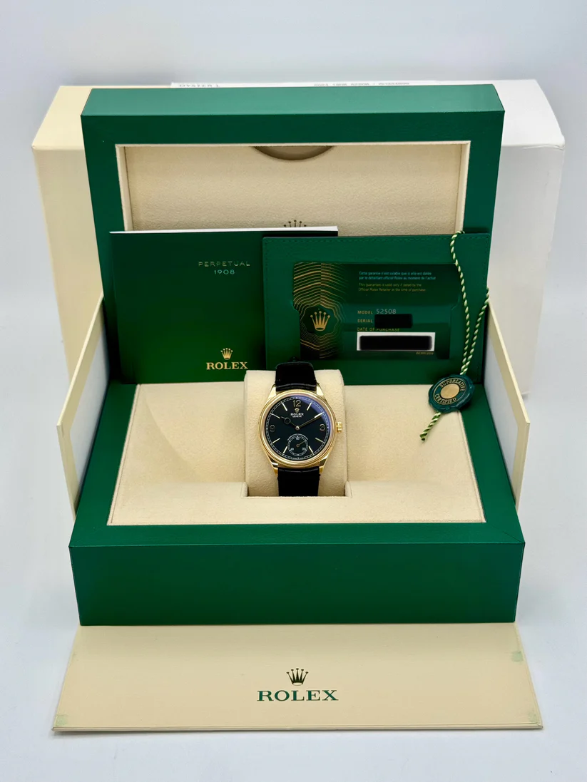 Rolex 1908 Yellow Gold Black Dial Black Alligator Strap - 52508-0002