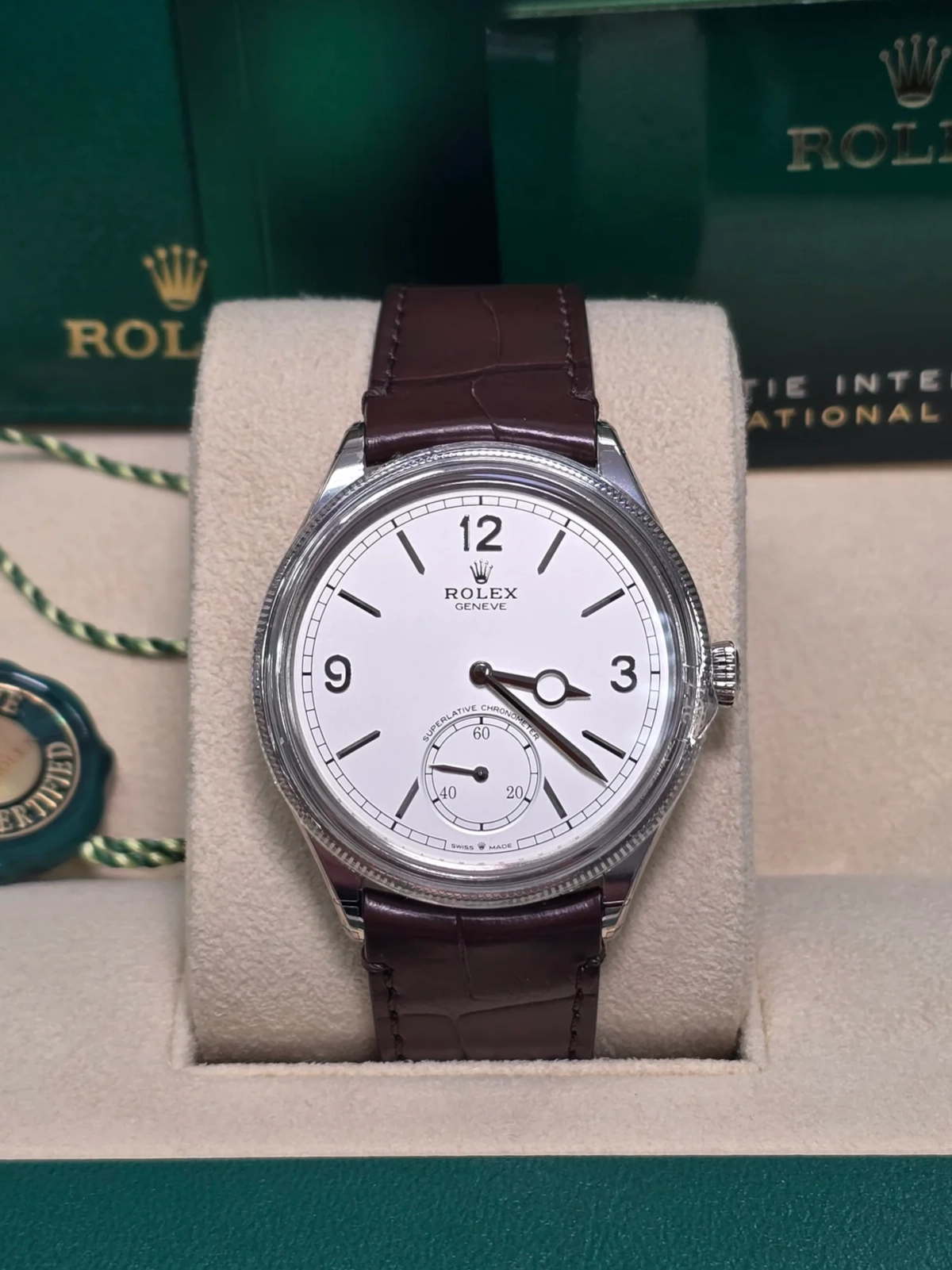 Rolex 1908 White Gold White Dial Brown Alligator Strap - 52509-0006