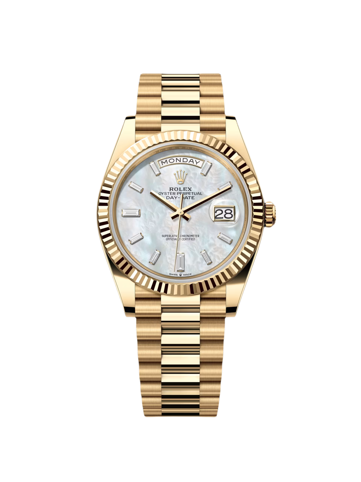 RLX Day-Date 40mm Yellow Gold President  Mother of Pearl Diamond Baguette Dial - 228238
