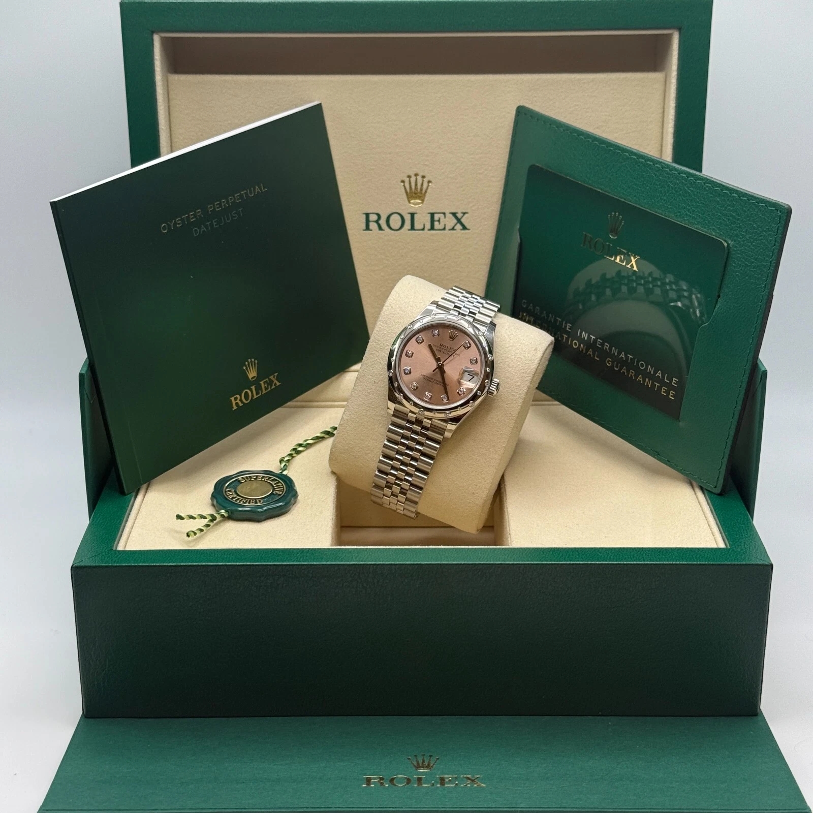 RLX Datejust m278344-0033/0034 Pink Dial 31mm Domed Diamond Oyster Watch