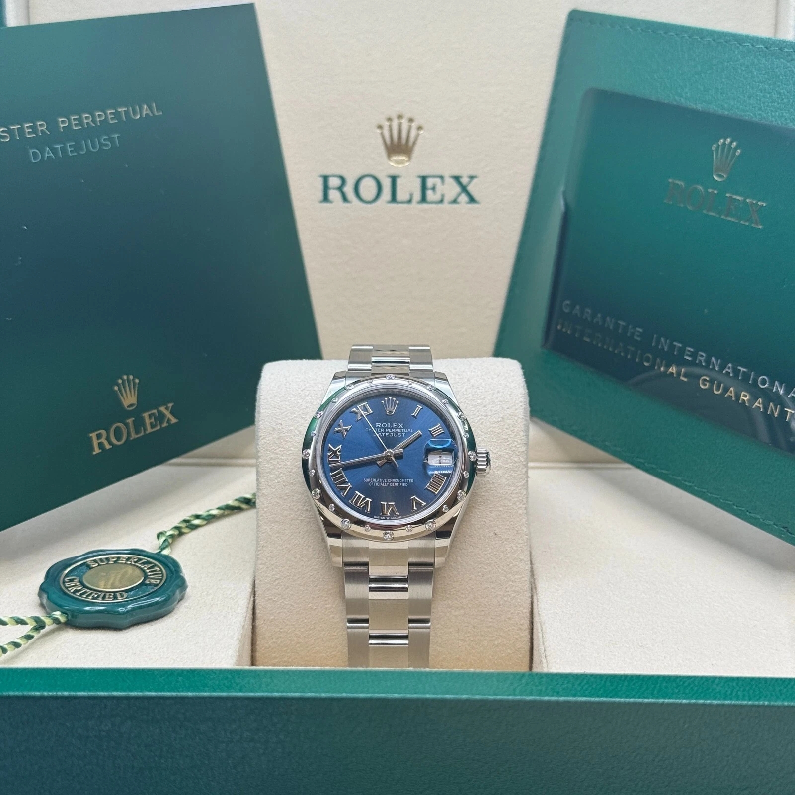 RLX Datejust m278344-0035/0036 Bright Blue Dial 31mm Domed Diamond Oyster Watch