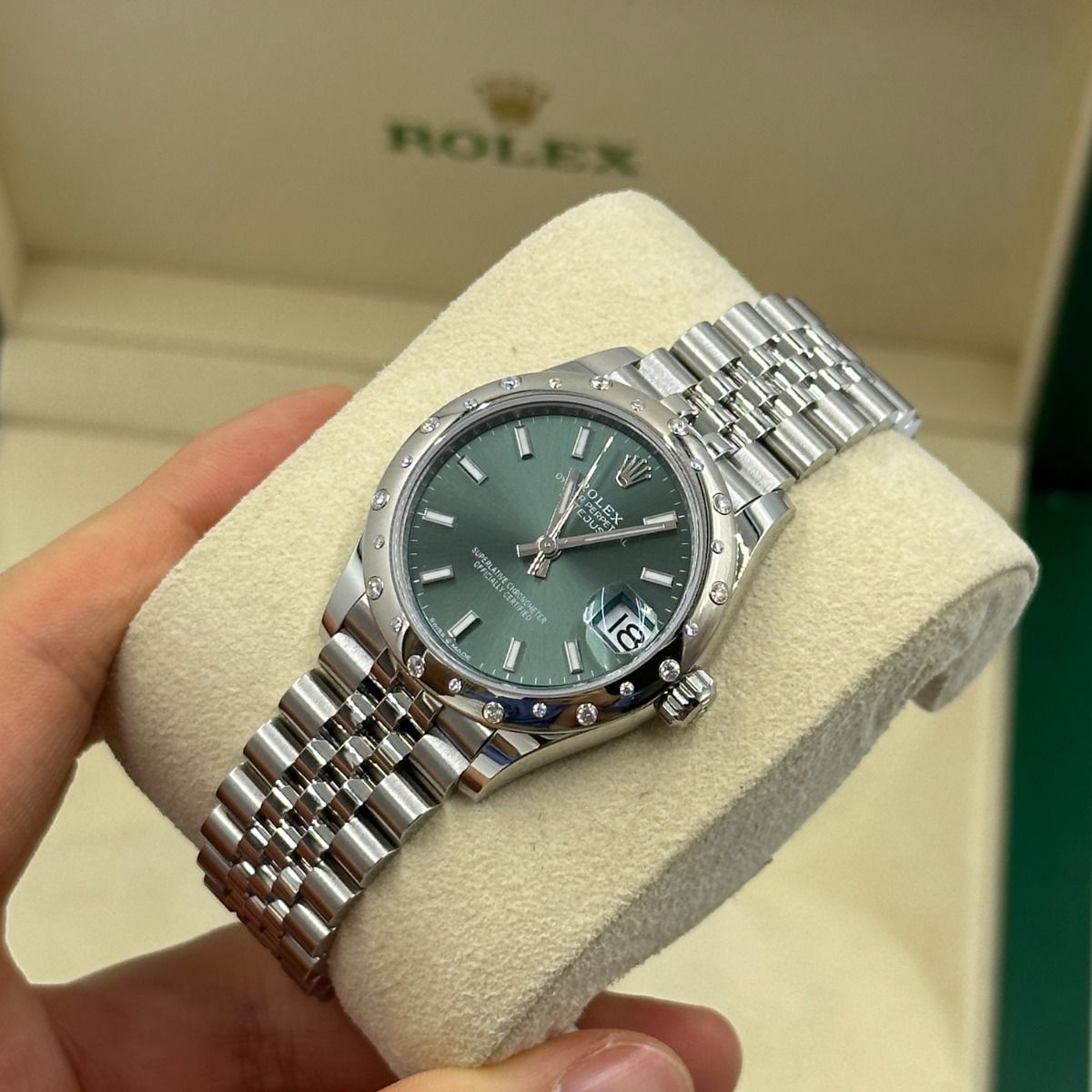 RLX Datejust m278344-0019/0020 Mint Green Dial 31mm Domed Diamond Oyster Watch