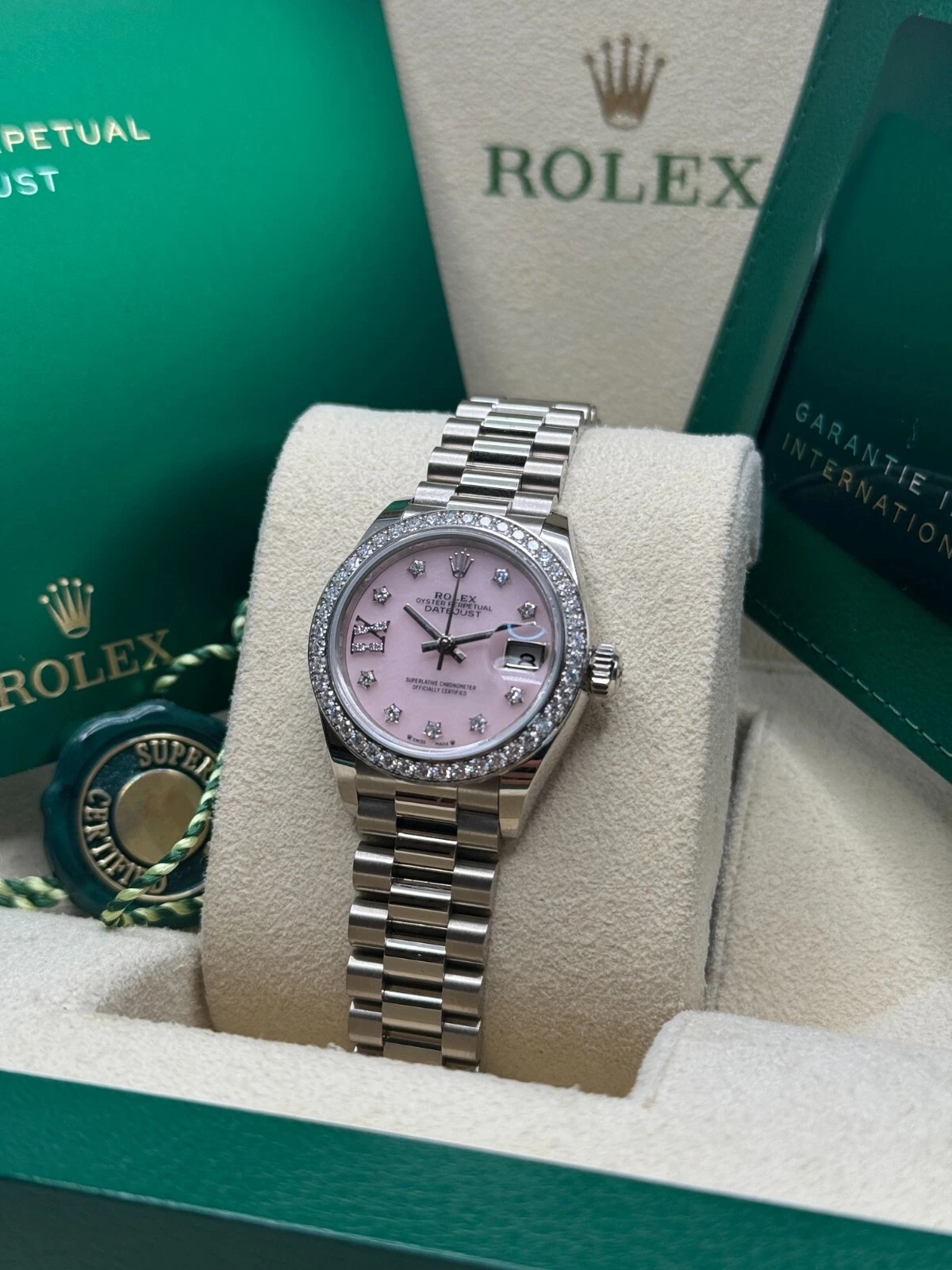 RLX Lady-Datejust 28mm 279139RBR Pink Opal Diamond Dial and Diamond Bezel White Gold Bracelet