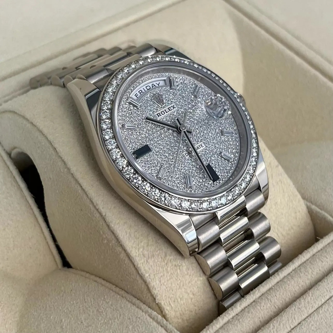 RLX 228349RBR-0036 Day-Date 40mm 18k White Gold Paved With Diamonds Watch