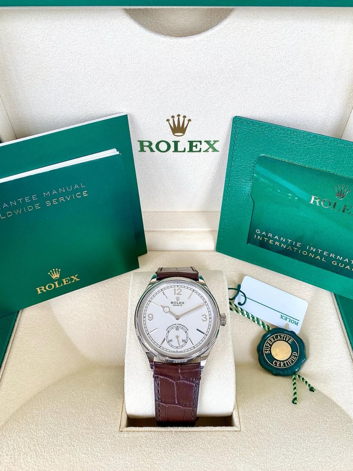 Rolex 1908 White Gold White Dial Brown Alligator Strap - 52509-0006