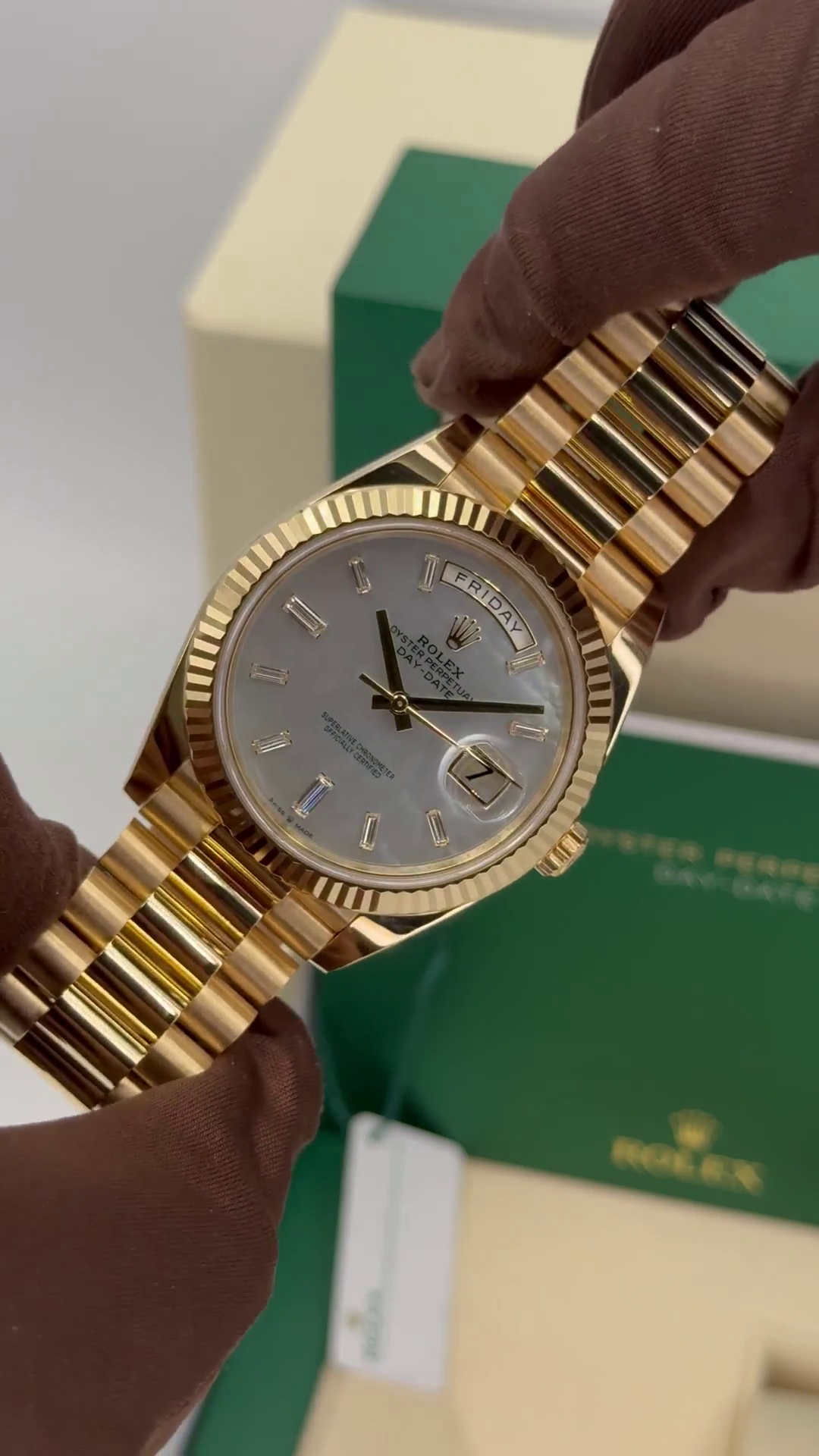 RLX Day-Date 40mm Yellow Gold President  Mother of Pearl Diamond Baguette Dial - 228238