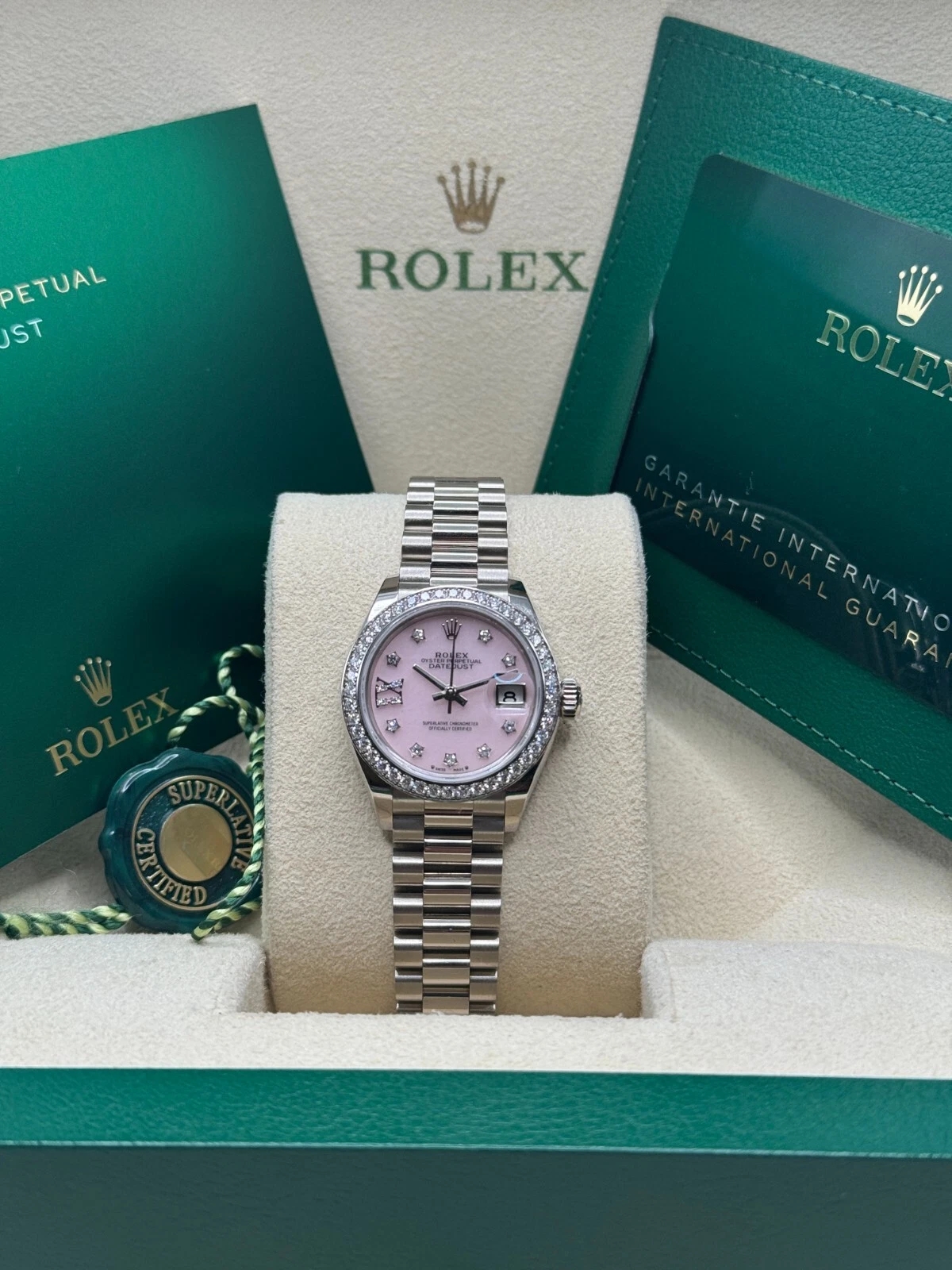 RLX Lady-Datejust 28mm 279139RBR Pink Opal Diamond Dial and Diamond Bezel White Gold Bracelet