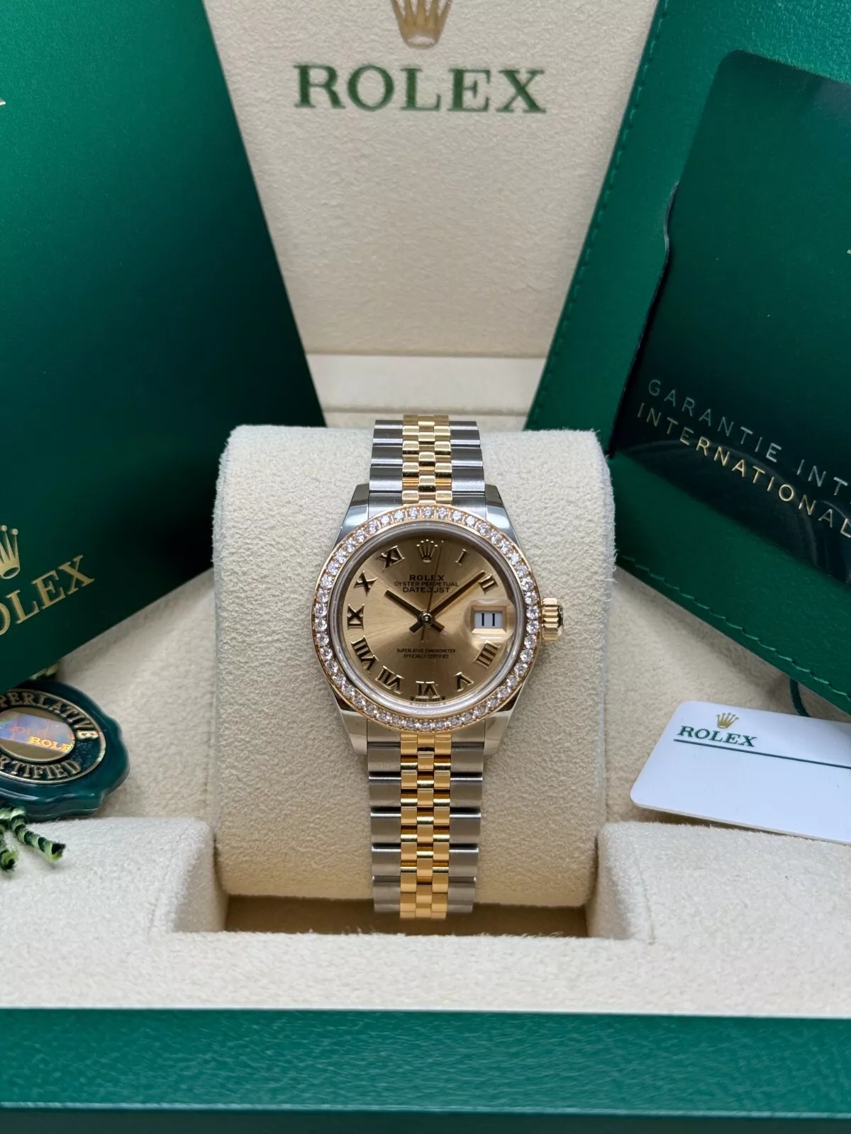 RLX Lady-Datejust 28mm 279383RBR Champagne Roman Dial Yellow Rolesor Oyster Bracelet