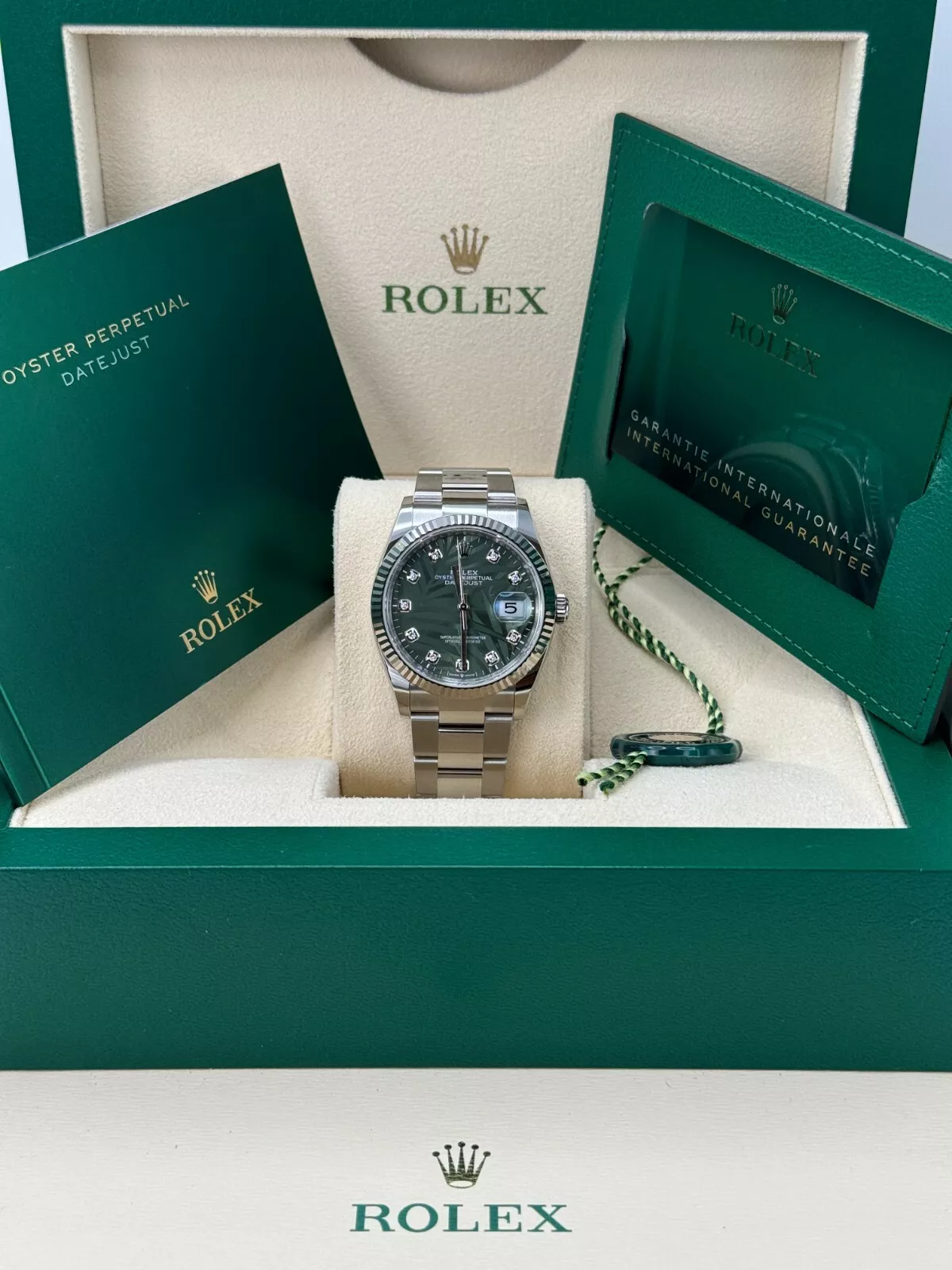 RLX  Datejust 36mm 126234 Olive Green Palm Motif Diamond Dial Jubilee Stainless Steel Watch