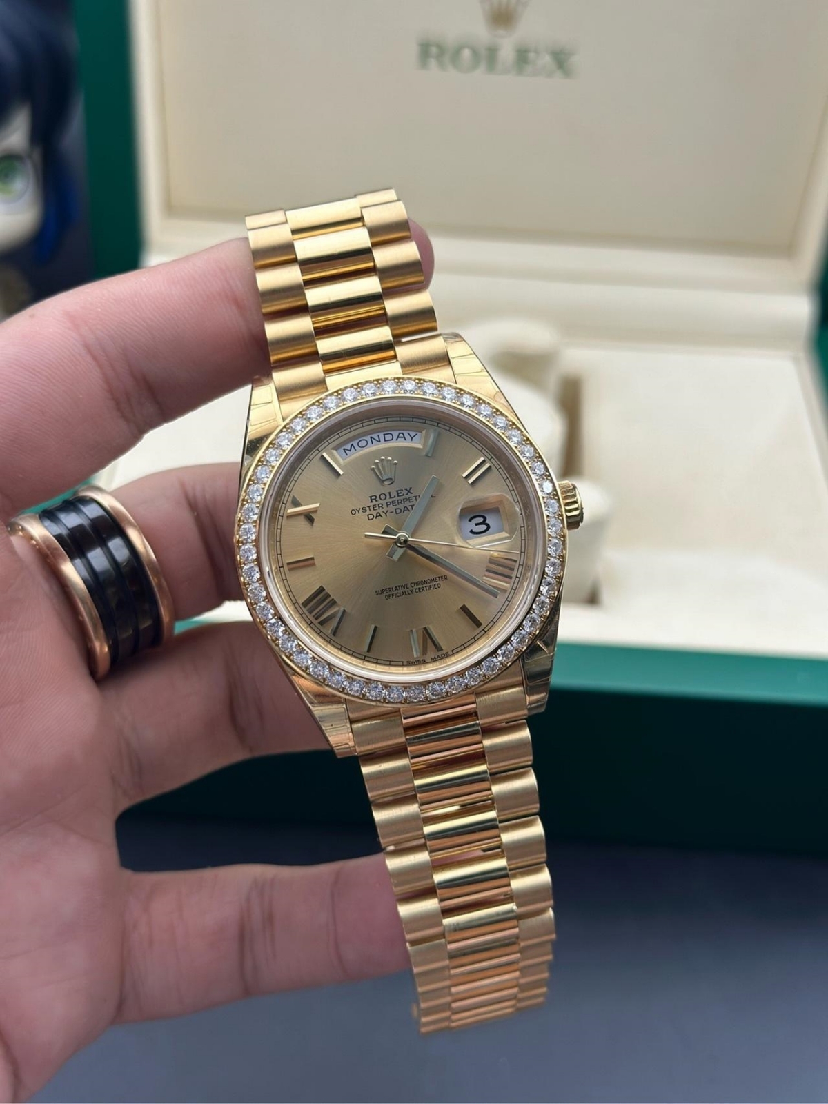 RLX Day-Date 40mm Champagne Dial and Diamond Bezel Yellow Gold President Bracelet  228348RBR-0003