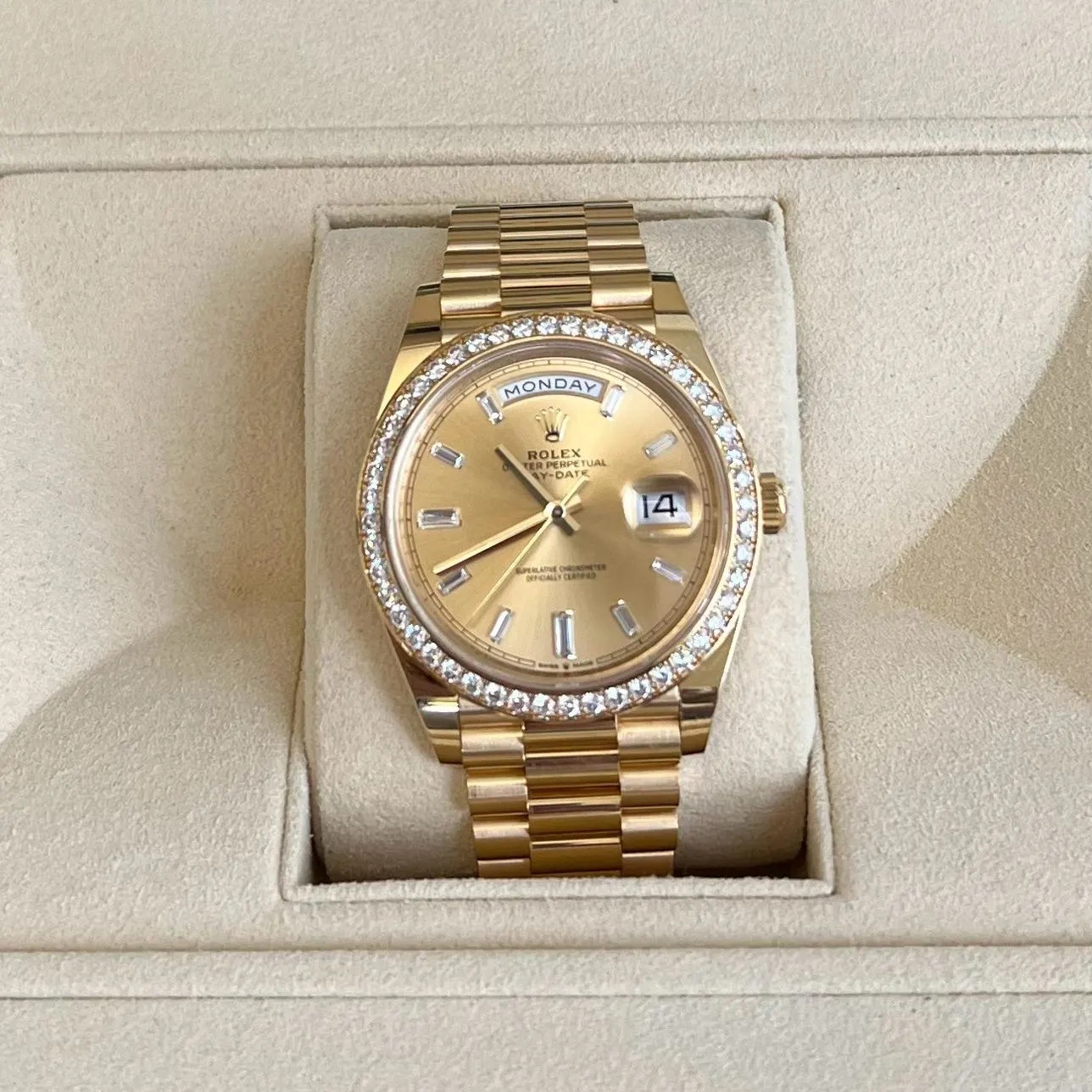 RLX Day-Date 40mm Champagne Diamond Dial and Bezel Yellow Gold President Bracelet 228348RBR-0002