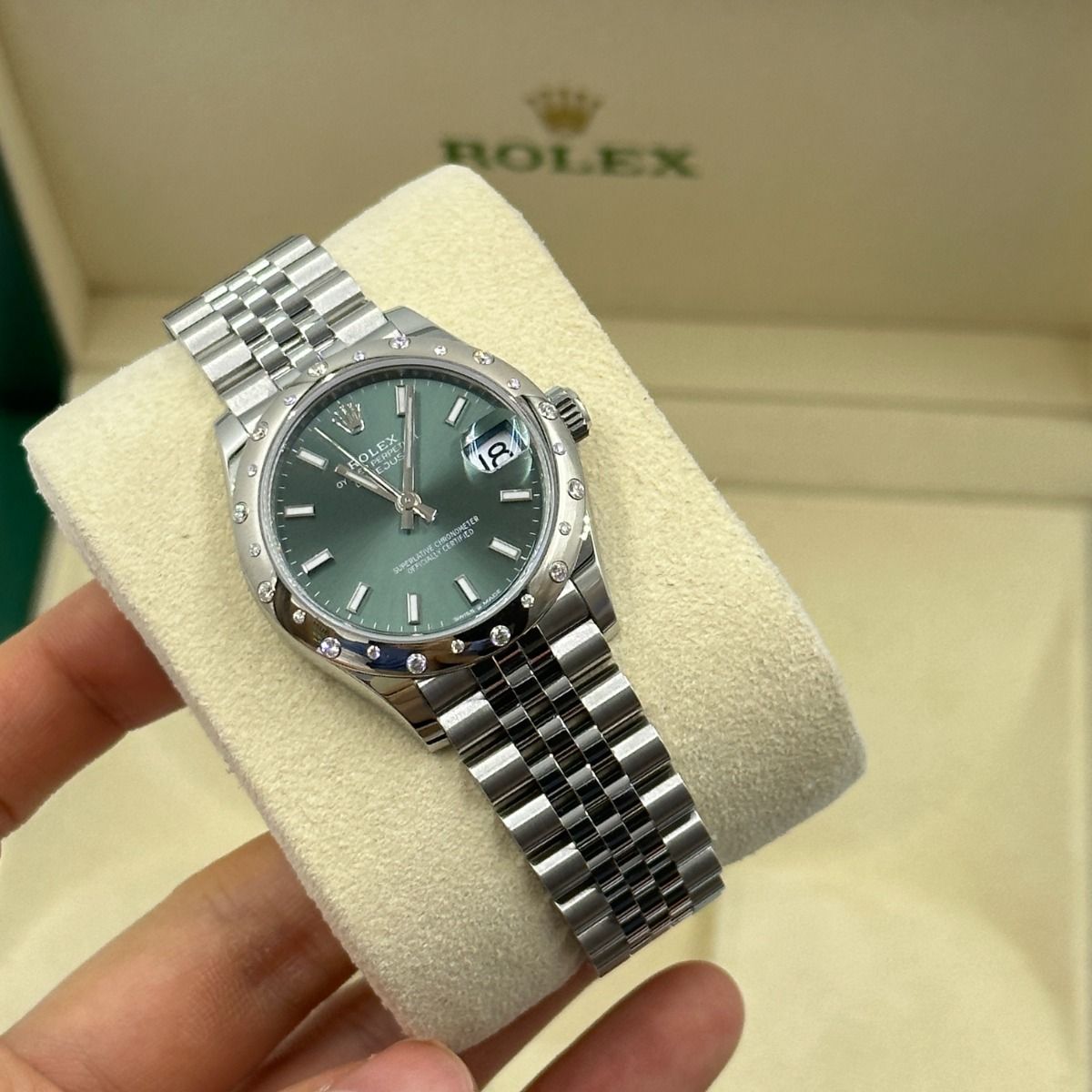 RLX Datejust m278344-0019/0020 Mint Green Dial 31mm Domed Diamond Oyster Watch